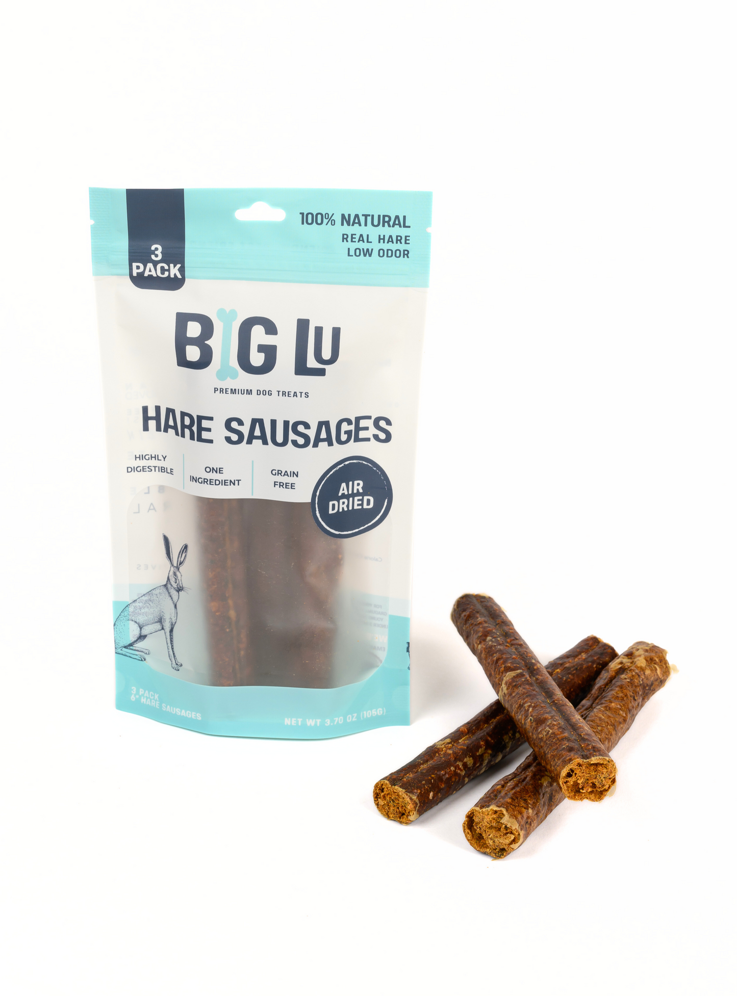 Packaging of Big Lu Hare Sausages with three sausages displayed on a white background