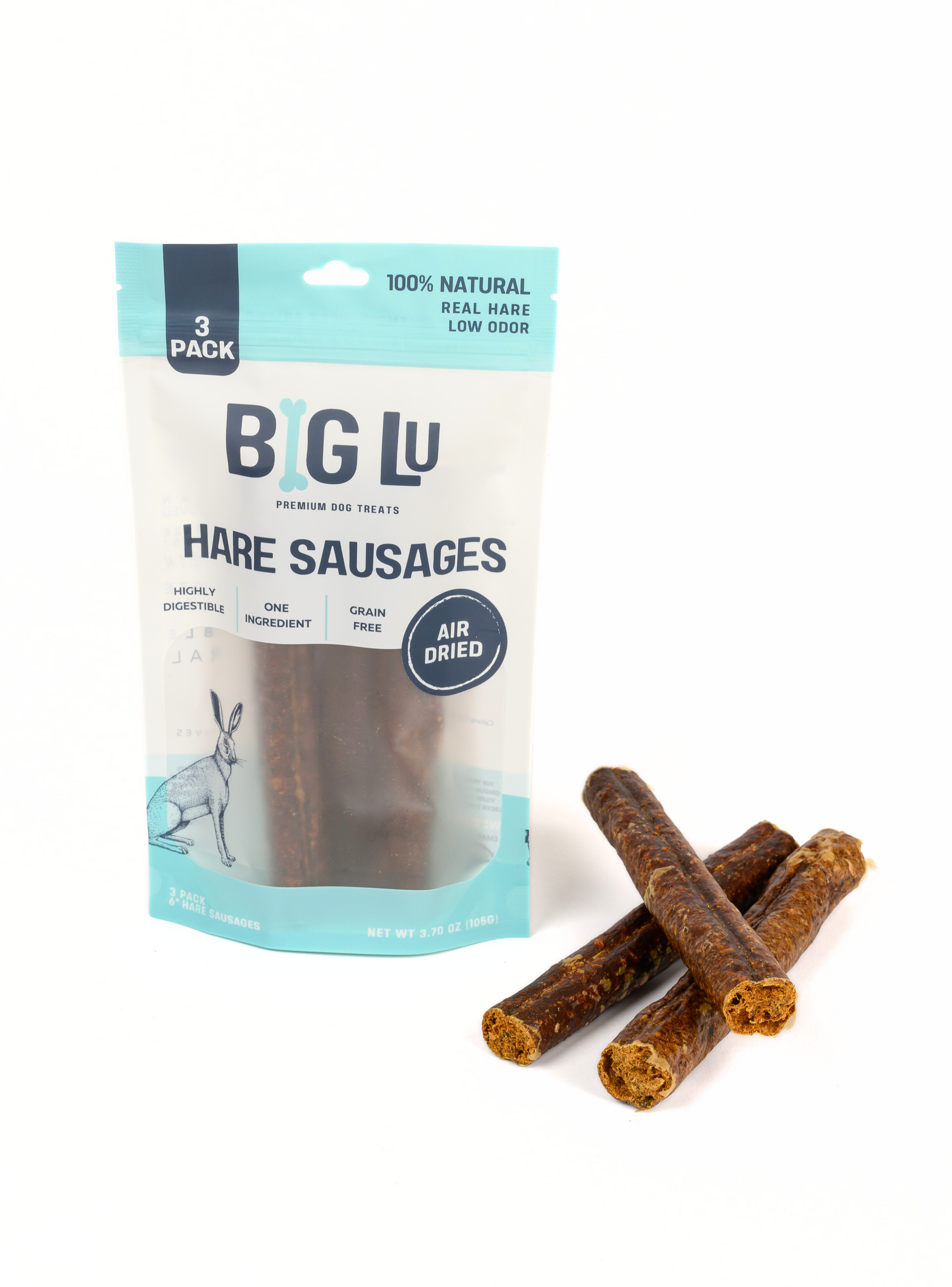 Packaging of Big Lu Hare Sausages with three sausages displayed on a white background