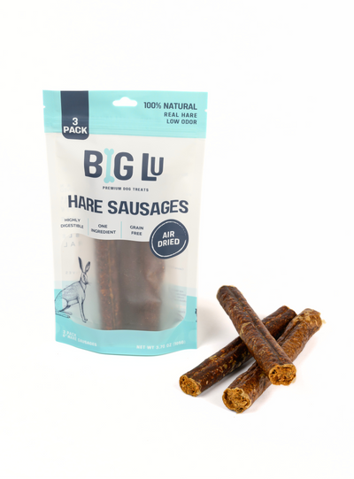 Packaging of Big Lu Hare Sausages with three sausages displayed on a white background