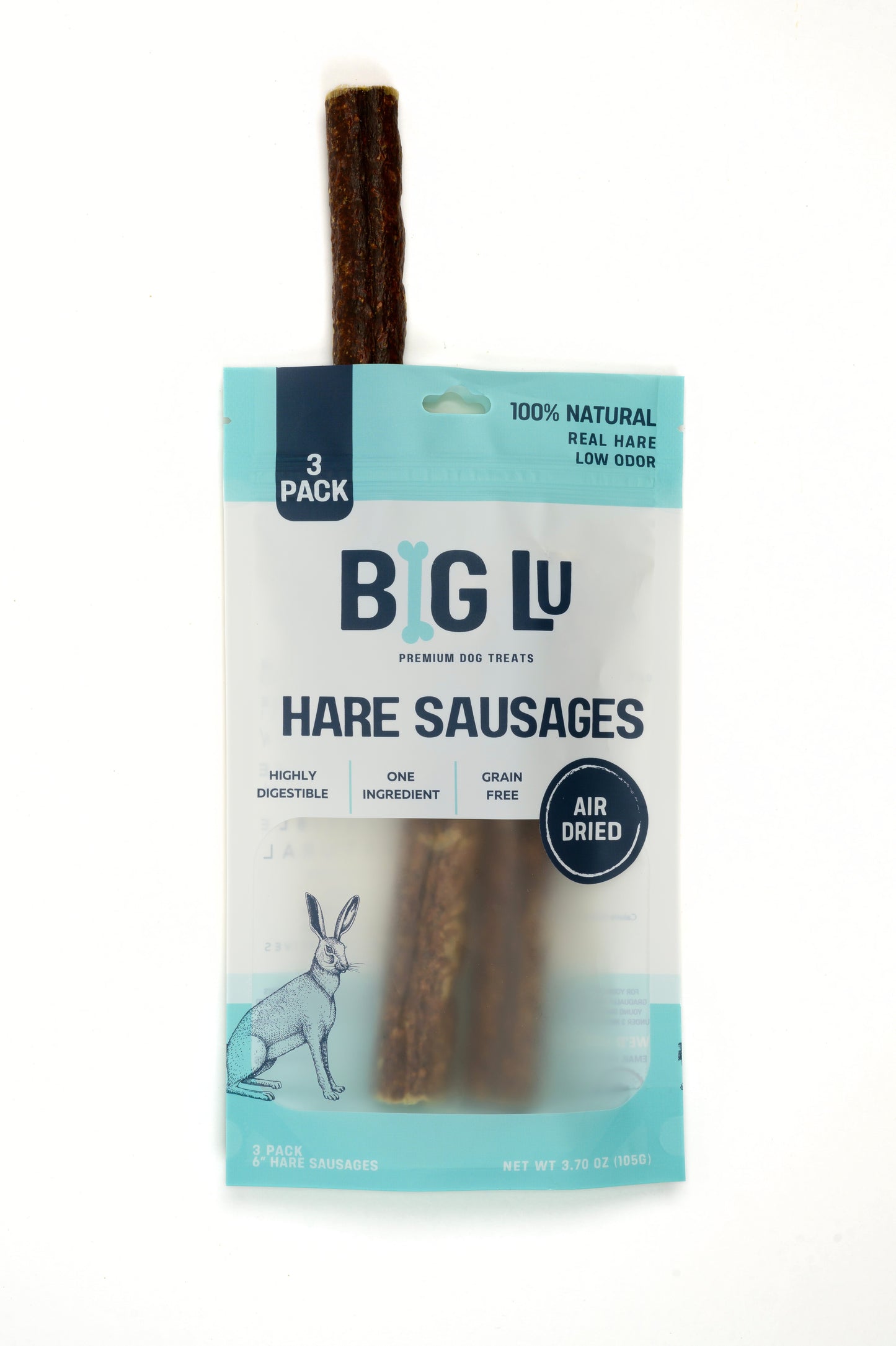 Pack of Big Lu Hare Sausages for dogs on a white background