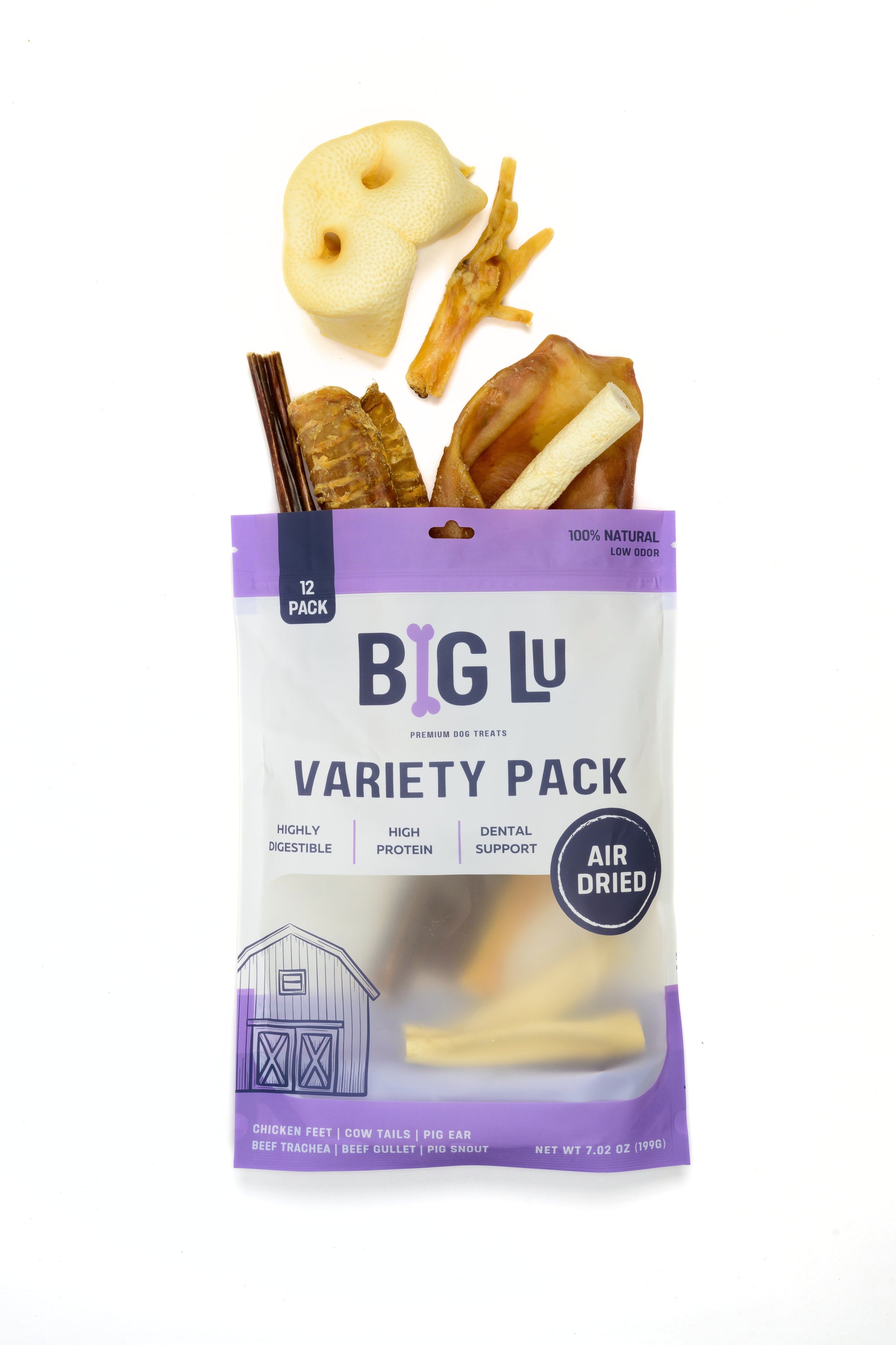 BIG LU Variety Pack pet treat bag with air-dried treats on a white background