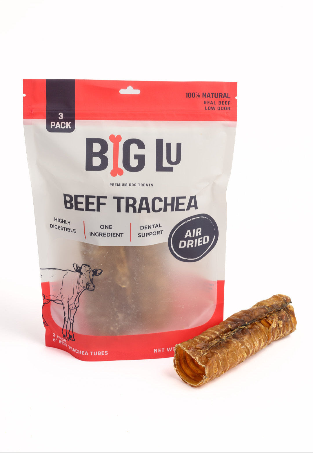 BIG LU Beef Trachea dog treat package with a single treat on a white background